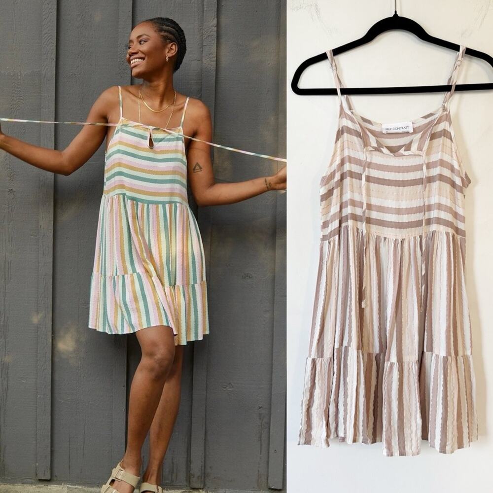 Self Contrast Athena Neutral Rose Gold Lurex Striped Babydoll Dress Sundress XS
